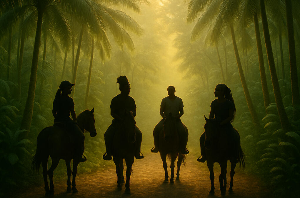 Image of four people on horseback on a path in the rainforest of Belize.